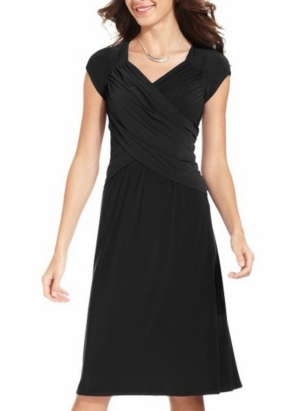 NWT B-Slim Crossover Ruched Cap Sleeve Dress in Black PM